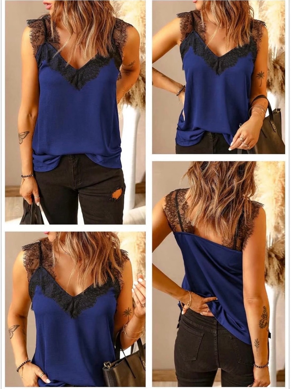 Silky Lace-Trim Cami Tank Top - Navy